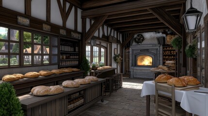 Fototapeta premium Rustic bakery showcases a variety of bread loaves on wooden tables with warm light filtering through dusty windows, creating a cozy atmosphere