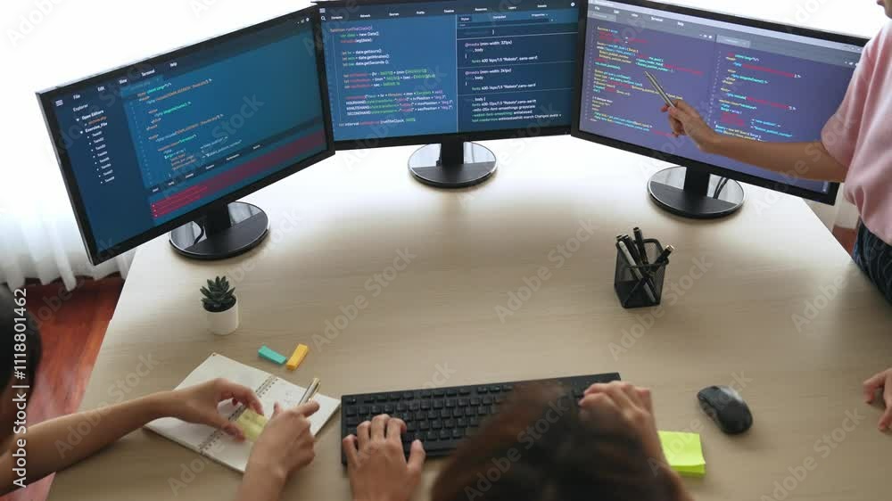Poster slow motion back end software developer engineer for computer programming working together on debugg