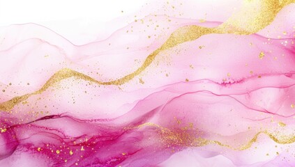Soft pink and gold abstract background featuring flowing waves and delicate sparkles. Ideal for elegant designs and stylish compositions.