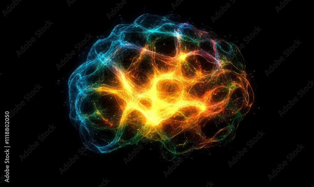 Poster glowing neon neural net in abstract cosmos with black background