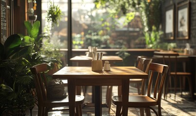 Fototapeta premium cozy restaurant table with wooden chairs and natural light warm inviting atmosphere