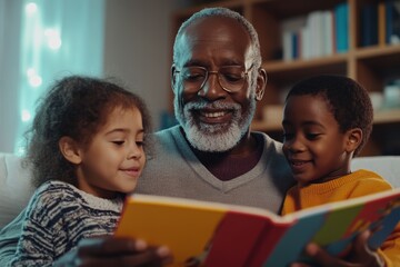 Obraz premium A man is reading a book to two children