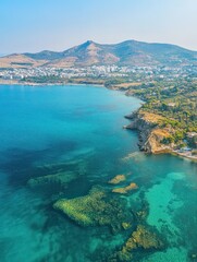 Obraz premium Aerial drone photo of beautiful emerald seascape of Porto Rafti, Mesogeia, Attica, Greece