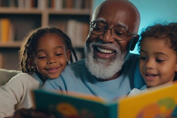 Obraz premium A man is reading a book to two children