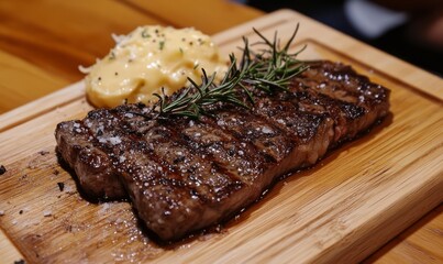 Grilled Steak with Garlic Butter and Rosemary Garnish on Wooden Board