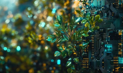 digitally created image of ree with foliage growing from a circuit board illustrating the concept of technology