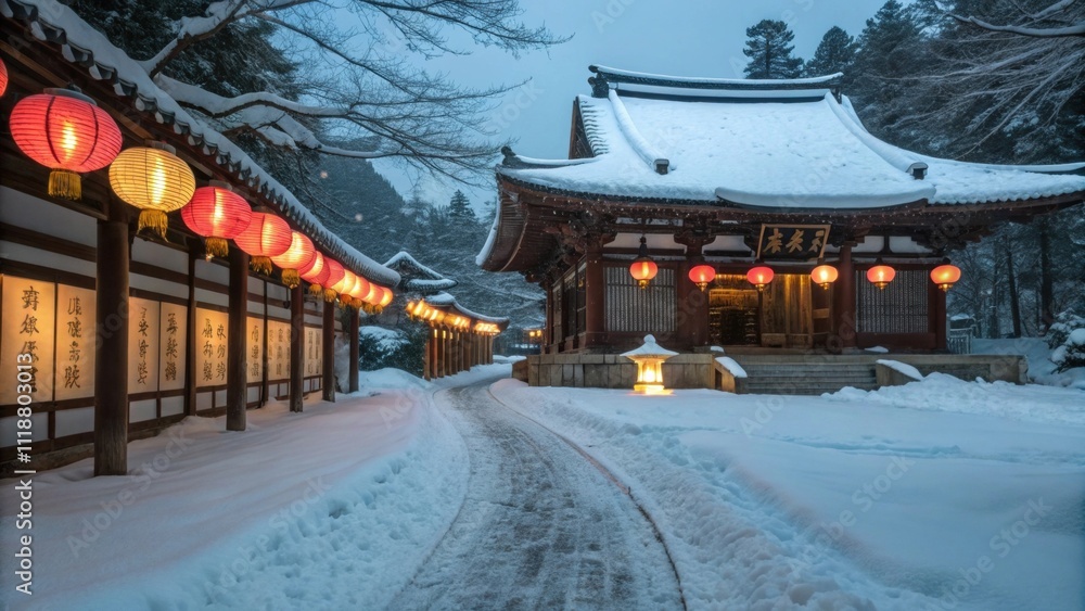 Poster an ancient temple stands at the end of a snowcovered lane its roof adorned with an enchanting layer 