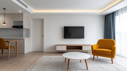 Fototapeta premium Modern Living Room Interior with Yellow Chair and TV Display