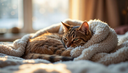 Tabby cat resting on a fluffy blanket in soft sunlight near a window.A cozy embrace of warmth, light, and feline tranquility.comfort, contentment, and simple joys.