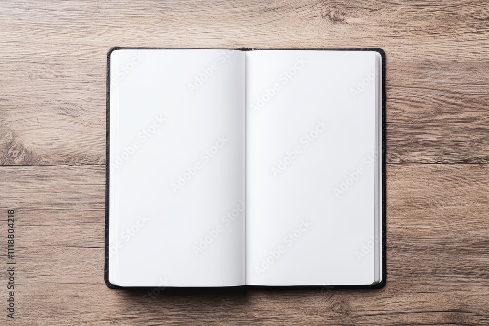 Poster open notebook showing blank pages on wooden desk for personal growth