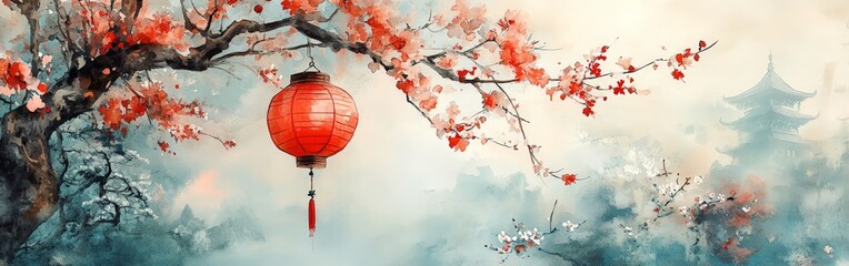 Obraz premium Chinese New Year Frame with Lanterns and Blossoms