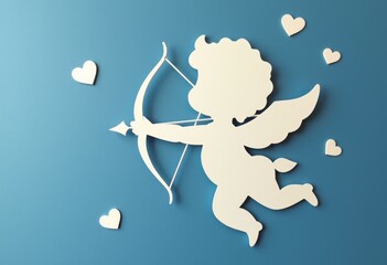 A charming, white silhouette of Cupid, complete with a bow and arrow, floats against a serene blue backdrop, surrounded by delicate heart shapes. This playful image captures the essence of romance and