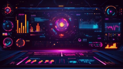 Fototapeta premium Futuristic digital dashboard with glowing graphs and charts.