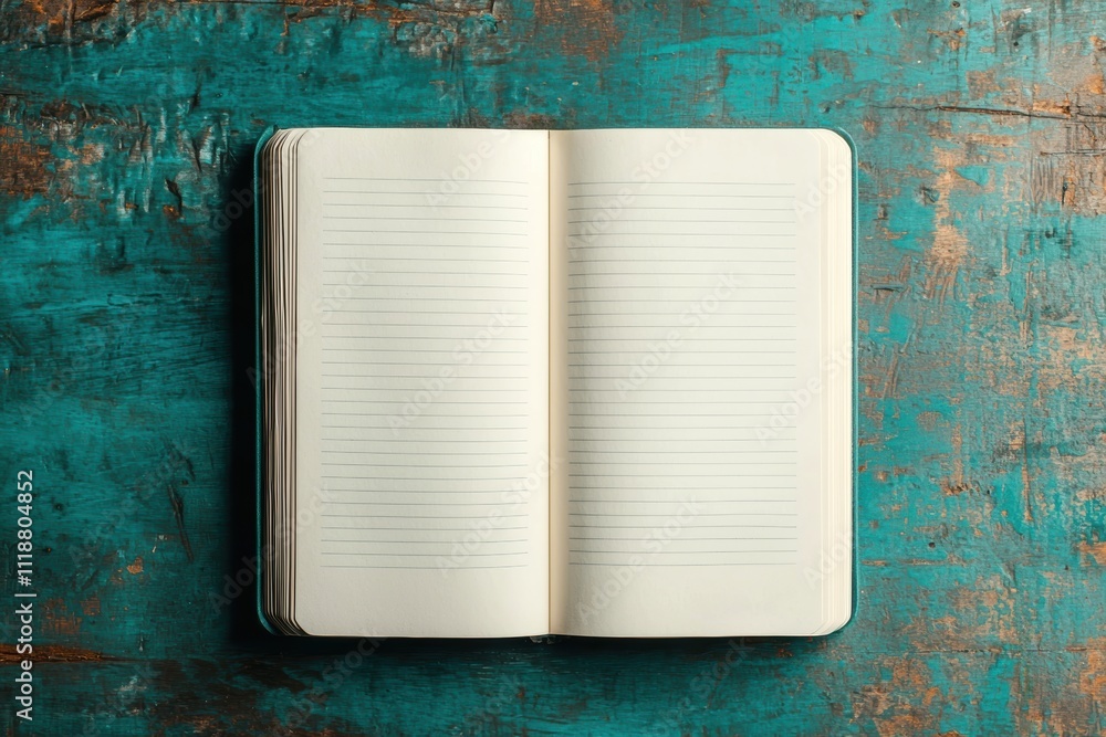 Poster Open notebook lying on rustic wooden table, inviting creativity and reflection