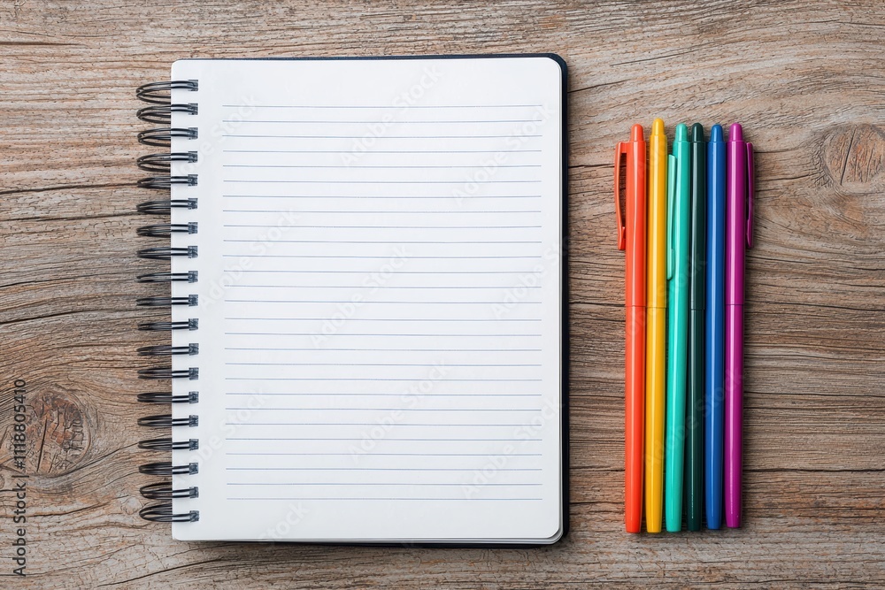 Poster blank notebook with colorful pens on wooden table promoting organization and productivity