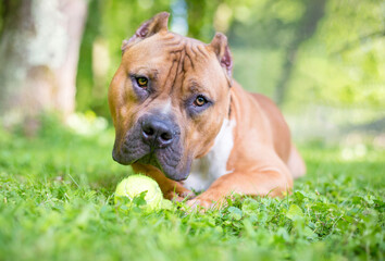 A Mastiff x Pit Bull Terrier mixed breed dog with cropped ears, lying down with a ball