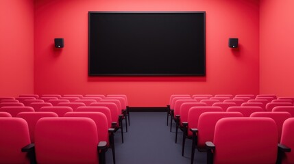 Modern Empty Movie Theater with Red Walls and Seating Arrangement