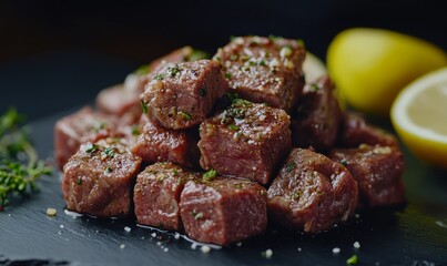 gourmet steak cubes seasoned with lemon and herbs on dark background vibrant contrast food