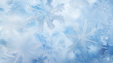 Winter’s Delicate Artistry. Close-Up of Intricate Snowflake Crystals on Blue Gradient Background. Frost, frozen surface, window. Ice, icy pattern, texture