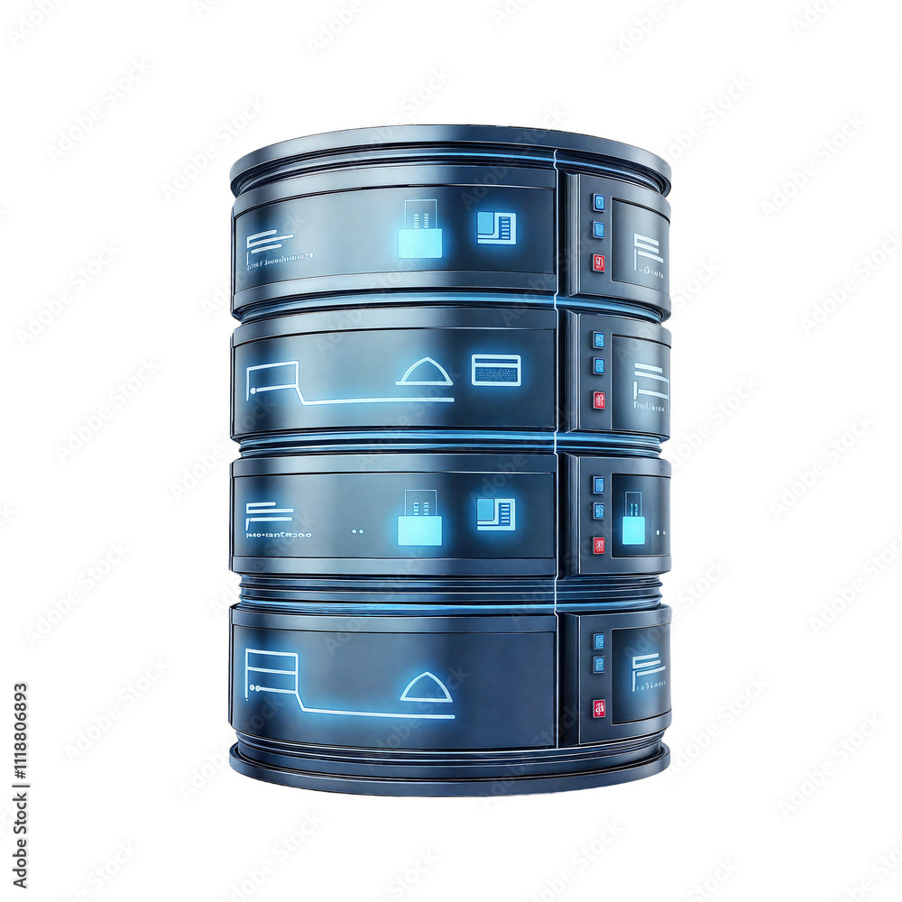 Poster high-tech data storage tower featuring illuminated panels in a futuristic design located in a modern