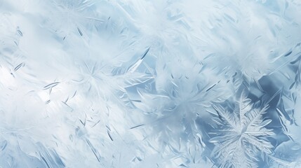 Winter’s Delicate Artistry. Close-Up of Intricate Snowflake Crystals on Blue Gradient Background. Frost, frozen surface, window. Ice, icy pattern, texture