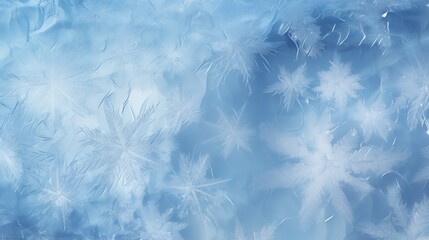 Winter’s Delicate Artistry. Close-Up of Intricate Snowflake Crystals on Blue Gradient Background. Frost, frozen surface, window. Ice, icy pattern, texture