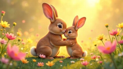 Obraz premium Mother and child bunny hugging in pastel flower meadow 