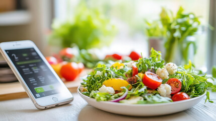 Healthy meal planning app and fresh salad for balanced nutrition