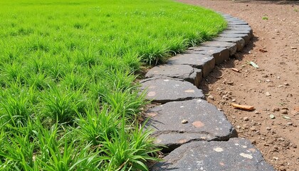 Obraz premium Curved stone pathway with vibrant green grass on one side and dry soil on the other, ideal for landscaping and garden design ideas
