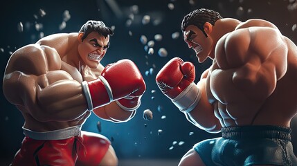 Two muscular cartoon characters face off in an intense boxing match.