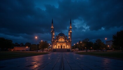 Naklejka premium A serene night view of a mosque courtyard with soft lighting casting a gentle glow on the steps and facade, under a starry sky