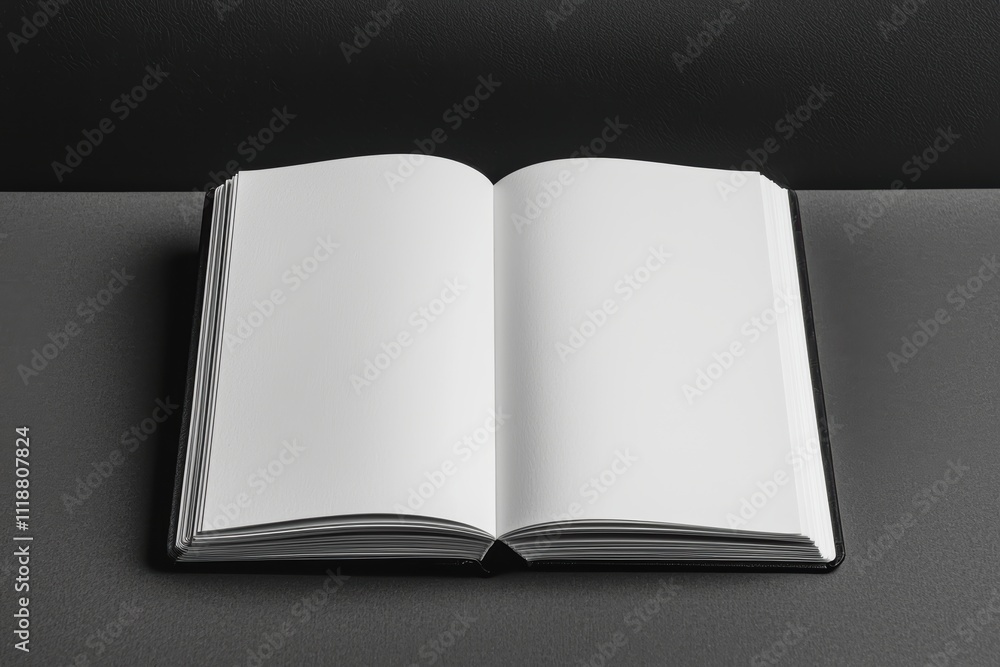 Aufkleber Open notebook showing blank pages on gray table with black background