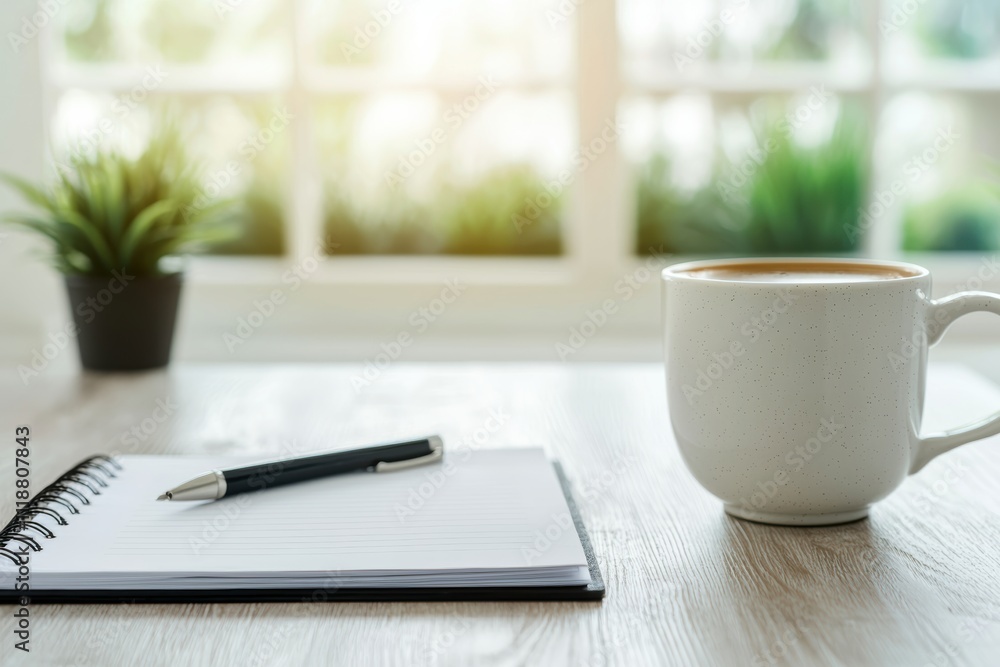 Poster coffee, notebook and pen creating a relaxing workspace atmosphere