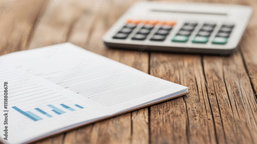 Poster open journal showing charts and a calculator on wooden table for budgeting