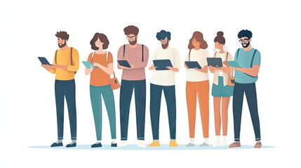 Obraz premium Diverse group of young adults engaged with tablets, displaying a modern and connected lifestyle.