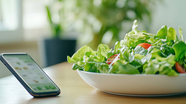 Meal planning app on smartphone next to fresh salad in bright kitchen setting - Powered by Adobe