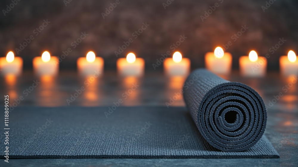 Poster rolled yoga mat on table with burning candles creating relaxing atmosphere