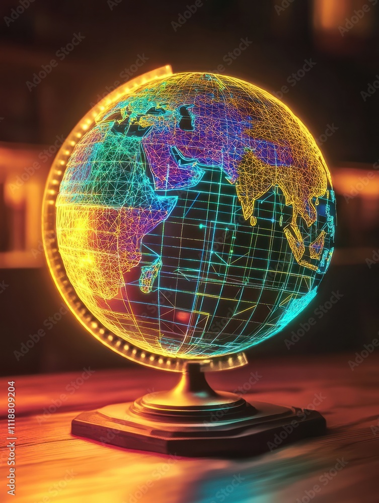 Poster glowing globe hologram with polygonal mesh on dark background. global network and internet concept. 