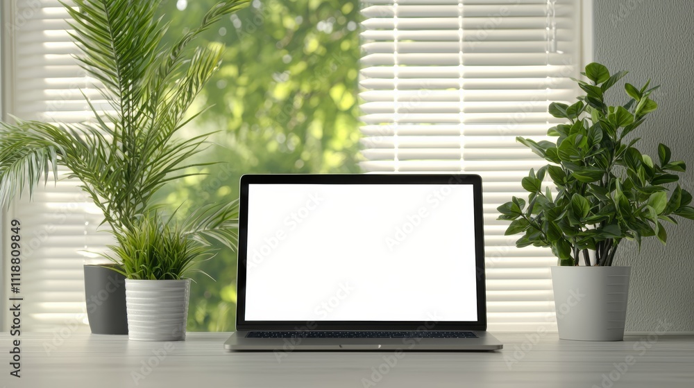 Poster laptop with blank screen showing potential in home office setup near window with blinds