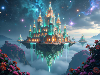 Obraz premium Enchanting floating castle amidst ethereal clouds and cosmic skies, digital art of fantasy scene concept.