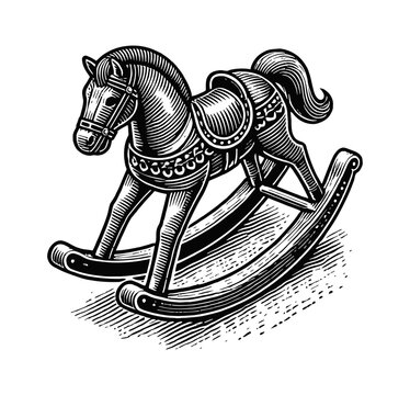 recommend clip art: rocking horse toy engraving black and white outline
