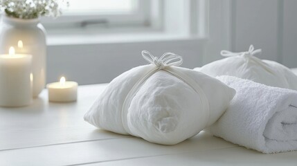 Relaxing spa day at home with soft towels and candles in cozy bathroom setting