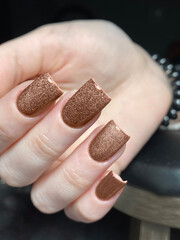 Modern manicure color 2025 Mocha Mousse, chocolate shades of Mocha Mousse, Fashionable manicure...
