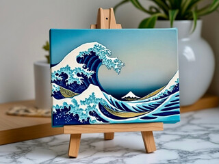 Beautiful artwork of waves and Mount Fuji displayed on an easel in a serene indoor setting