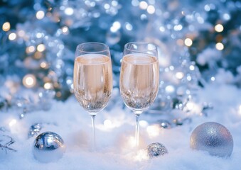 two glasses of champagne on snow with silver decorations and a bokeh lights background Generative AI