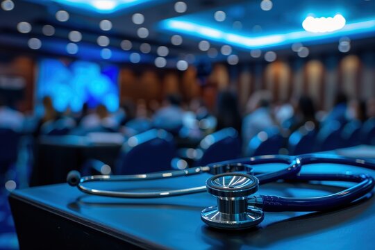 Close-Up of a Stethoscope Resting on a Table During a Medical Conference in a Dimly Lit Auditorium Filled with Attentive Attendees Focusing on a Presentation