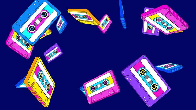 Outline cartoon 3d animation of retro music cassete tapes flying toward camera. Colorful mixtapes flying rotating on a transparent alpha channel