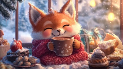 A cartoon fox is sitting on a table with a cup of hot chocolate. There are also other food items on the table, such as donuts and cakes