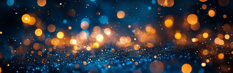 Glowing Christmas tree with golden bokeh lights on dark blue background