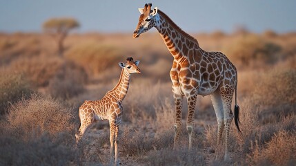 Obraz premium Mother giraffe and calf in African savanna at sunset.